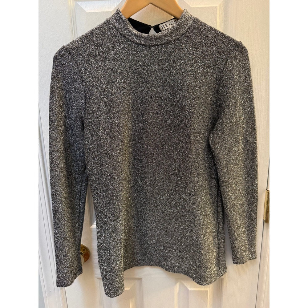 Reiss Shimmer Metallic Silver Mock Neck Long Sleeve Top Keyhole Back Size Small
